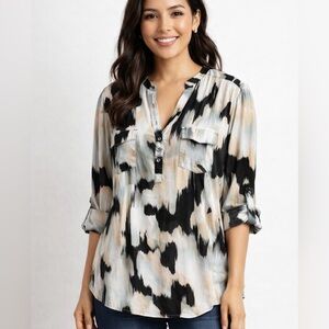 Cocomo Womens Abstract Print Roll-Tab Sleeve Blouse Size L Black White